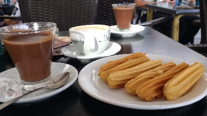 Churros with chocolate in Santiago de Compostela, Spain. (14 Oct 2017) Churros with chocolate in Santiago de Compostela, Spain.
