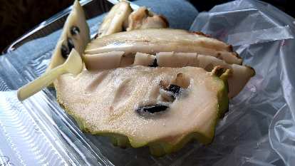 Fruit known as the sugar-apple (Chinese: 釋迦, or Shìjiā). Its black seeds are toxic.