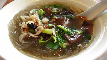 Duck's blood noodle soup is very popular around Nanjing. The tofu-looking item is actually congealed blood. The soup was actually delicious!