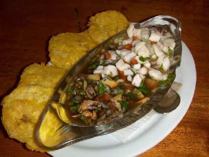 Ceviche mixto (a mix of raw fish and clam marinated in lemon and garlic) at a ceviche restaurant south of Dominical.