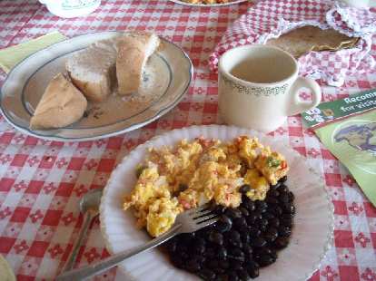 Bread, scrambled eggs, and black beans for breakfast at the restaurant in San Miguel Amatl