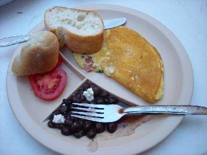 The usual breakfast at Hostal Pochon -- the hostel we stayed in -- consisted of bread, tomatoes, omelets, and black beans with some queso fresco.