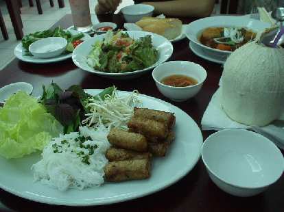Vermicelli with spring rolls in Saigon.