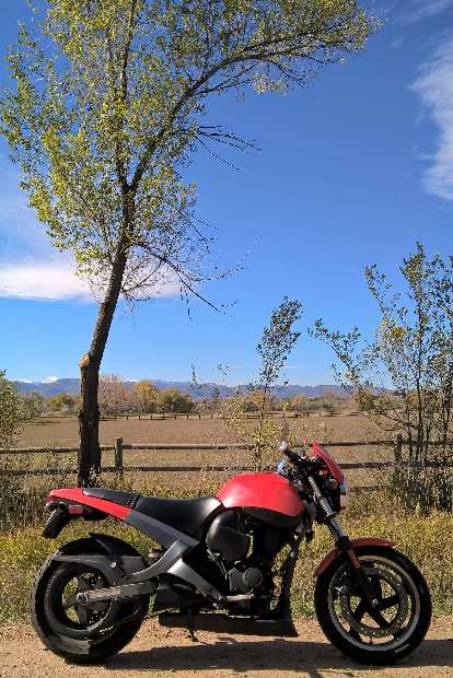 red 2003 Buell Blast, fall colors, Colorado Front Range, Fort Collins