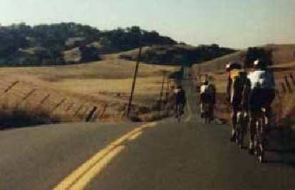 Following other cyclists through the golden hills of the 1997 Foxy's Fall Classic. bicyclists, paceline, golden hills, 1997 Foxy's Fall Classic
