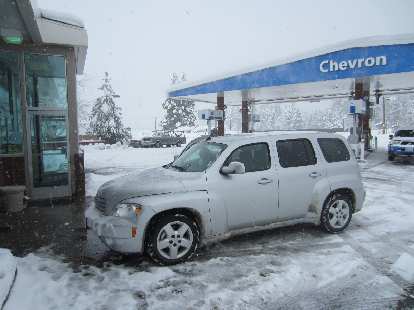 The Chevrolet HHR rental car west of Reno, where we took off the chains that we had to use on the front tires for 60 miles to get over Donner Pass. The Chevrolet HHR rental car west of Reno, where we took off the chains that we had to use on the front tires for 60 miles to get over Donner Pass.