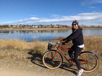 Andrea riding a bronze Huffy Cranbrook by Richards Lake.