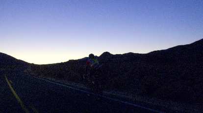 [Mile 167, 6:28 p.m.] It was getting dark a couple miles from the top of Mountain Section 4 (an 8.4-mile, 1270' climb) from Trona to Panamint Valley.