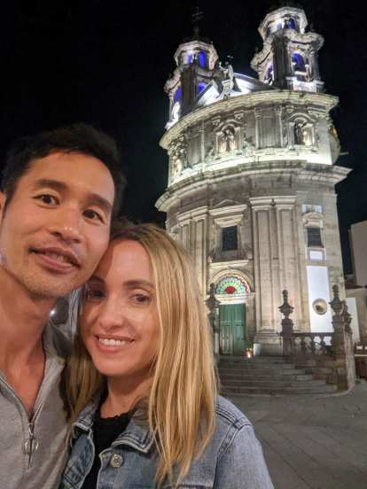 Felix and Andrea in front of the Iglesia de la Virgen Peregrina in Pontevedra. (03 Aug 2021) Felix and Andrea in front of the Iglesia de la Virgen Peregrina in Pontevedra.