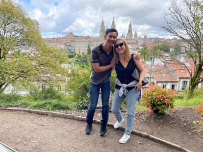 Felix and Andrea with the Cathedral of Santiago de Compostela in the background. Photo: Andrea. (04 Aug 2021) Felix and Andrea with the Cathedral of Santiago de Compostela in the background.