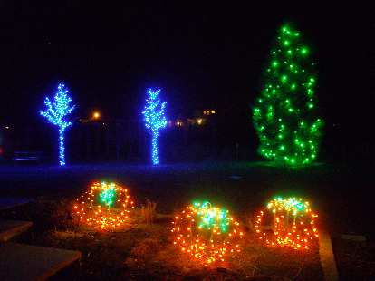 Lights shaped like pumpkins and trees.