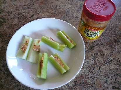 Celery stalks with omega-3-enhanced peanut butter.  Another nice snack.