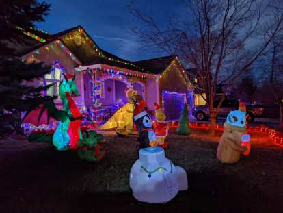 This home had a large inflatable dragon, penguin, and several other animals on its front lawn.
