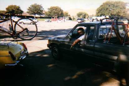 Ken Loo and his Toyota pickup truck and red Cannondale, 1996 Hekaton Classic