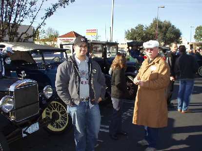 Here's Allen and Robert in front of the cars.  They had braved frigid 40-degree temps in the early morning to get the Model T over here.