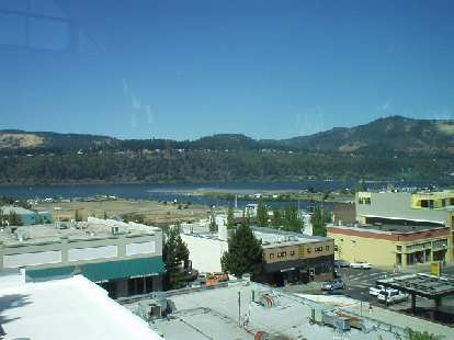 A view of downtown Hood River and the Columbia Gorge River from the window of the county library above on State Street.