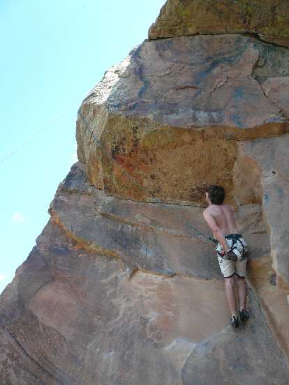 Derek on a 5.9 overhang at Rotary Park.