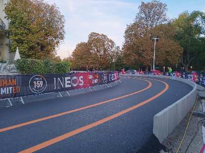 Roundabouts at the ends of the INEOS 1:59 Challenge course meant that Kipchoge would never have to make any sharp turns that would slow him down. (11 Oct 2019) Roundabouts at the ends of the INEOS 1:59 Challenge course meant that Kipchoge would never have to make any sharp turns that would slow him down.