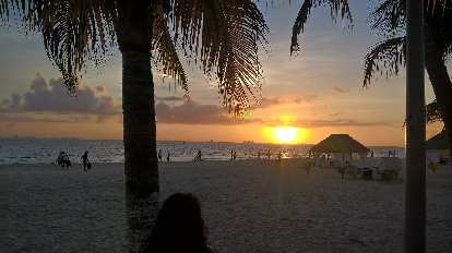 Carolina admires the sunset through some palm trees at Isla Mujeres. sunset, palm trees, Isla Mujeres