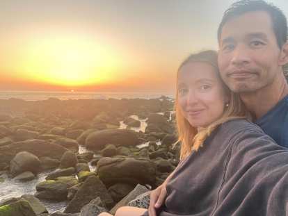 Andrea and Felix at sunset on the bridge linking the north and middle islands of Islas Cies.