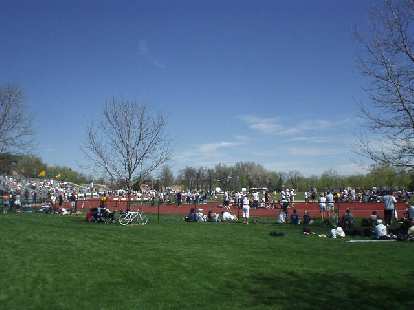 There were many people in T-shirts and shorts strewn out on the grass and the bleachers at the Jack Christiansen track at Colorado State University.