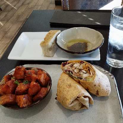 Sweet potatoes, blacked redfish wrap, and bread at the excellent Manship Restaurant in Jackson, Mississippi.