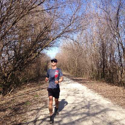Felix Wong running on the Katy Trail northeast of St. Charles in late March 2016, before the trees had bloomed. (26 Mar 2016) Photo: Felix Wong running on the Katy Trail northeast of St. Charles in late March 2016, before the trees had bloomed.