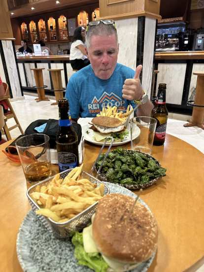 After Stage 11, Eddie and I enjoyed hamburgers, fries, and pimientos de Padrón at Hotel Scala.