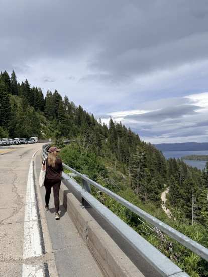 Andrea walking back to our car parked a kilometer away on Emerald Bay Road.
