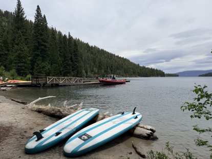 Inflatable paddleboards on the beach of the southwestern end of Emerald Bay.