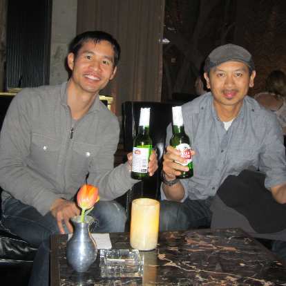 Felix Wong and Bandy enjoying a Stella beer at Deuce inside the Aria Hotel before Cirque du Soleil's Zarkana show.
