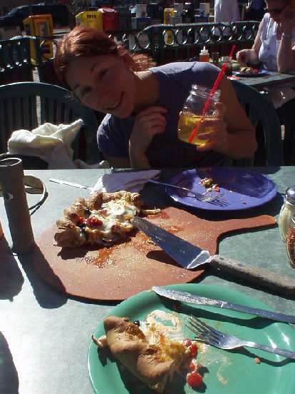 On this 70-degree day, we had "Colorado Style Thick Crust Firecracker Pizza" outdoors.