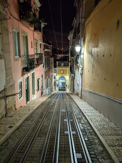 Cable car tracks on a steep road.