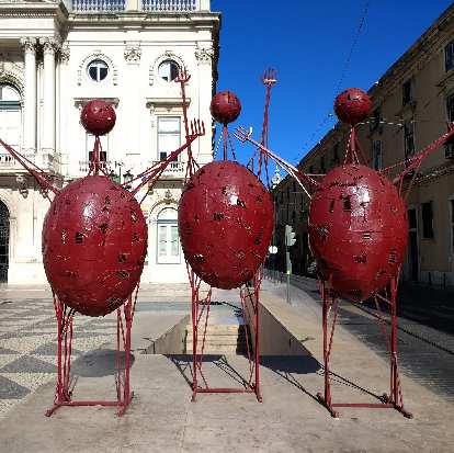 Red street art sculptures near Praça do Municipio (City Hall Square) in Lisbon, Portgual.
