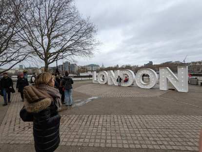 The London sign on the south side of the Thames River.