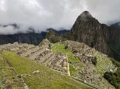 Overhead view of the ancient city of Machu Picchu.