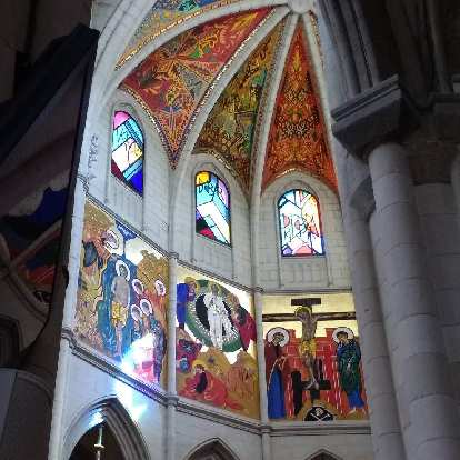 Stained glass inside the Catedral de la Almudena in Madrid, Spain.