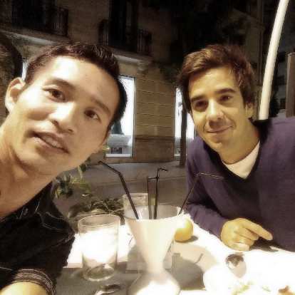 Felix Wong and friend Javier outside Restaurante Álbora in Madrid, Spain.