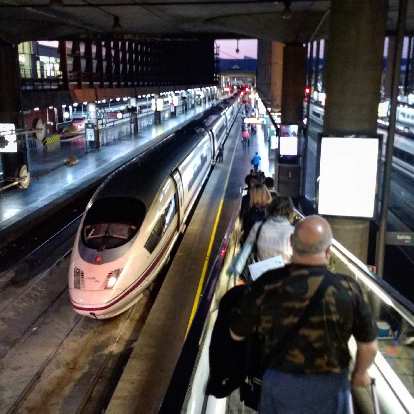 The AVE train from Madrid to Barcelona departing from Madrid's Atocha train station.