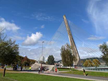 The Puente de los Tirantes, a suspension bridge that is an icon of Pontevedra, Galicia, Spain.