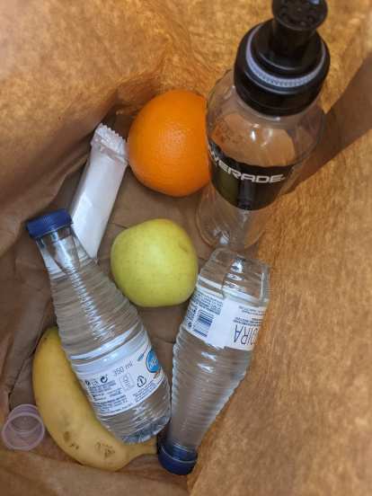 Runners were provided a bag of fruit, granola, and two bottles of water after the race. I also grabbed a Powerade to help rehydrate.