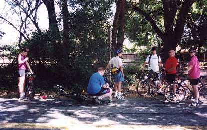 Regrouping before the major climb of the day: Old La Honda Rd. Here's Lisa, Bruce, Loren, Acorn, Mike, and Suzie. Gina and Tyler would soon join us on the climb. Regrouping before the major climb of the day: Old La Honda Rd. Here's Lisa, Bruce, Loren, Acorn, Mike, and Suzie. Gina and Tyler would soon join us on the climb.