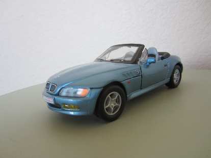 A 1:28 BMW Z3 in the same Atlanta Metallic Blue that mine was.  Technically this model was an earlier year than my 2000 Z3 2.3, but looks similar except for having less curvaceous rear fenders.