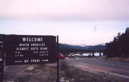 Mt. Evans (about 55 miles southwest of Boulder) is the highest paved road on the North American continent at 14,260', as evidenced by this sign. There is only 78% as much oxygen up here as at sea level! Mt. Evans (about 55 miles southwest of Boulder) is the highest paved road on the North American continent at 14,260', as evidenced by this sign. There is only 78% as much oxygen up here as at sea level!