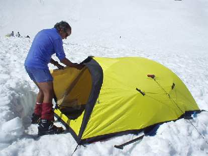 Using snow shovels, we cleared off a flat platform for Paul's Bibbler 4-season, 3-person tent.  It was cozy...