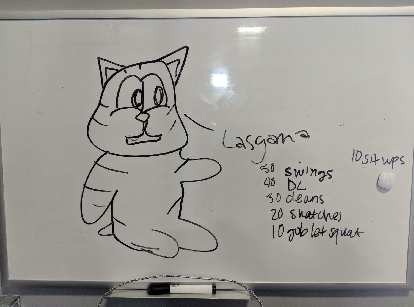 I liked this drawing of (presumably) Garfield on a whiteboard at the gym we did the Murph Challenge. I liked this drawing of (presumably) Garfield on a whiteboard at the gym we did the Murph Challenge.