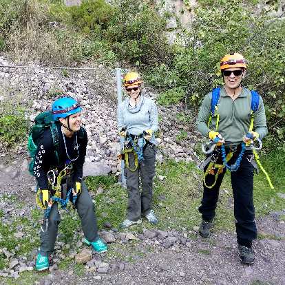 Mel, Teresa, and Matthew ready to do via ferrata. Mel, Teresa, and Matthew ready to do via ferrata.