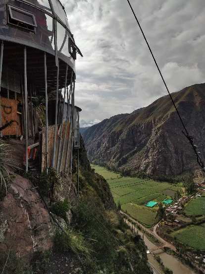 The stilts holding up the dining pod, with the Sacred Valley below. (27 Nov 2018) The stilts holding up the dining pod, with the Sacred Valley below.