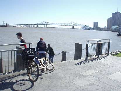 The view of a bridge over the Mississippi River along Decatur St.