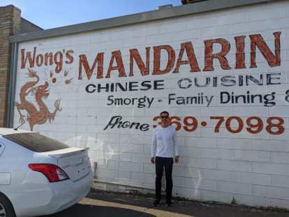 Felix in front of Wong's Mandarin Chinese Cuisine in Lodi. I have no relation to the owners.